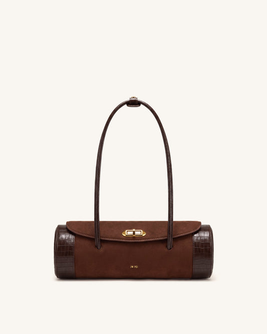 Maelis Faux Suede Croc-Trim Barrel Bag - Dark Brown | JW PEI