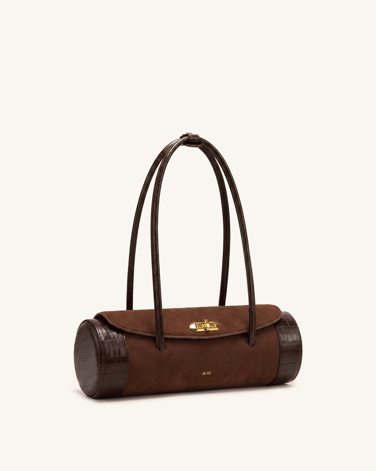 Maelis Faux Suede Croc-Trim Barrel Bag - Dark Brown | JW PEI