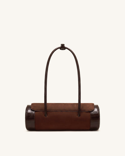 Maelis Faux Suede Croc-Trim Barrel Bag - Dark Brown | JW PEI