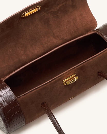 Maelis Faux Suede Croc-Trim Barrel Bag - Dark Brown | JW PEI