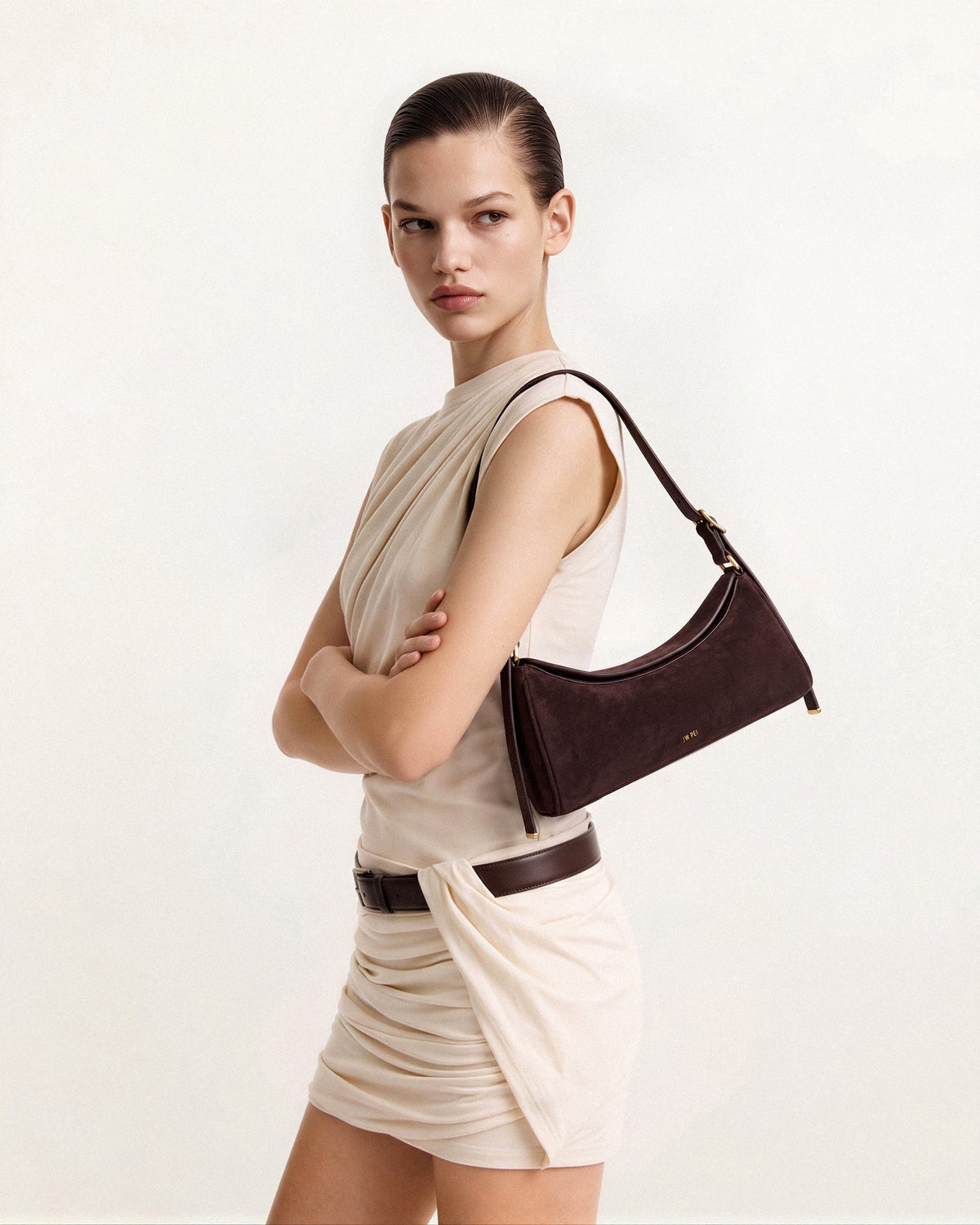 Elowen Faux Suede East-West Shoulder Bag - Dark Brown | JW PEI
