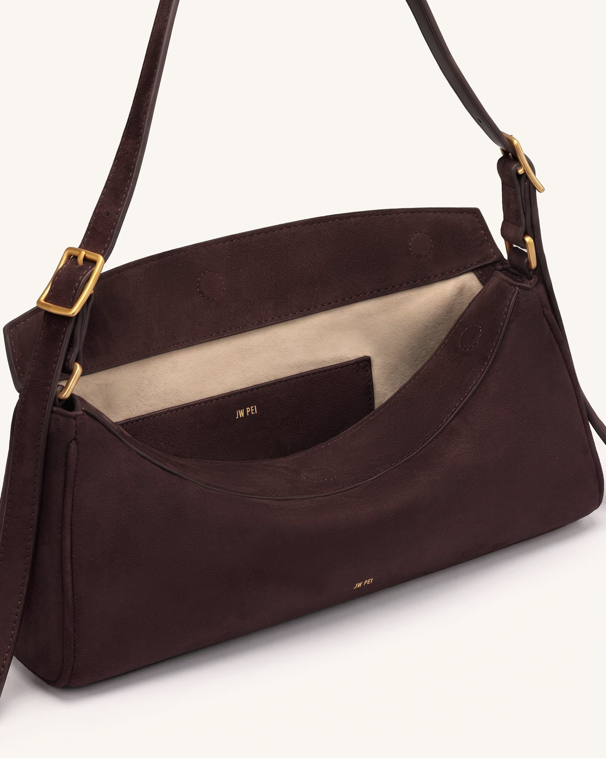 Elowen Faux Suede East-West Shoulder Bag - Dark Brown | JW PEI