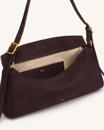 Elowen Faux Suede East-West Shoulder Bag - Dark Brown | JW PEI