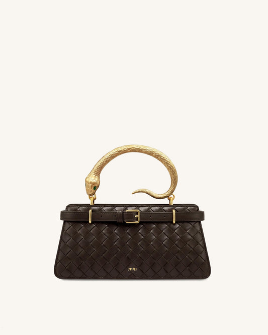 Elena Snake Handle Woven Texture Top Handle Bag - Espresso | JW PEI