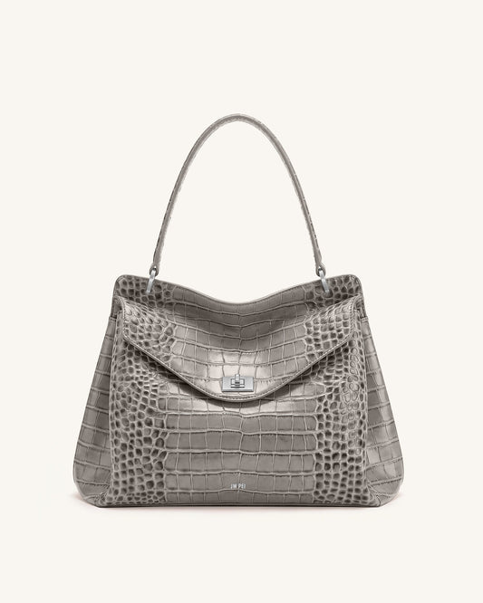 Lucia Turn-Lock Shoulder Bag - Grey Croc | JW PEI
