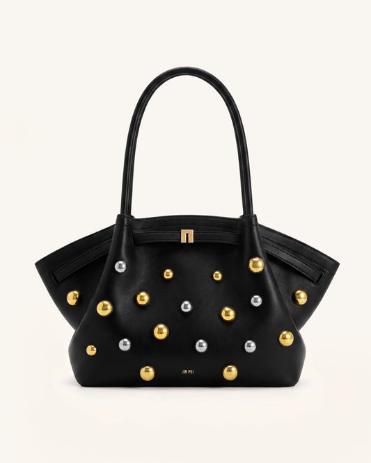 Hana Large Studded Tote Bag - Dark Black | JW PEI