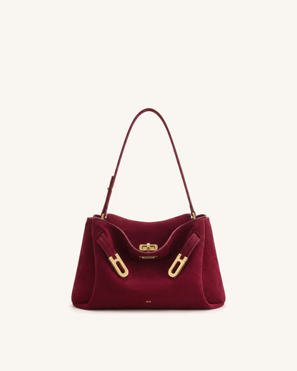 Rhea Faux Suede Double Buckle Shoulder Bag - Cinnabar Red | JW PEI