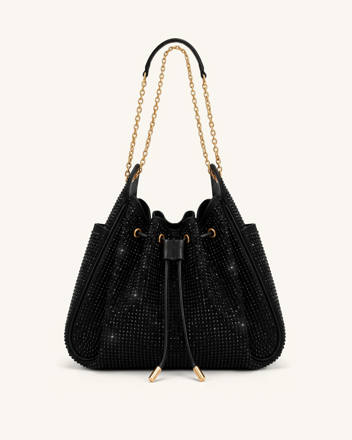 Rowan Artificial Crystal Ruched Drawstring Chain Bucket Bag - Obsidian | JW PEI