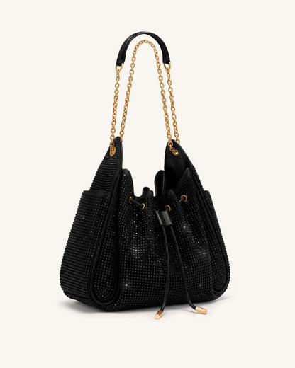 Rowan Artificial Crystal Ruched Drawstring Chain Bucket Bag - Obsidian | JW PEI