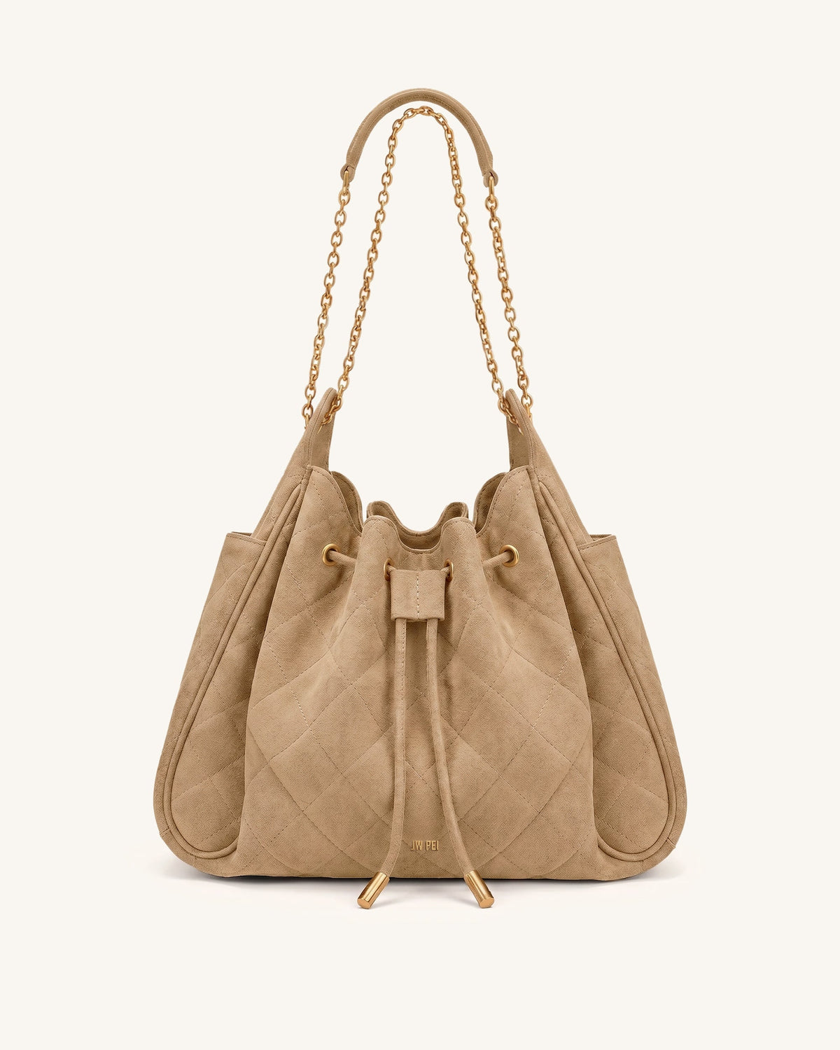 Rowan Faux Suede Quilting Ruched Drawstring Chain Bucket Bag - Coconut | JW PEI