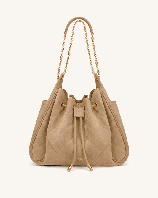 Rowan Faux Suede Quilting Ruched Drawstring Chain Bucket Bag - Coconut | JW PEI