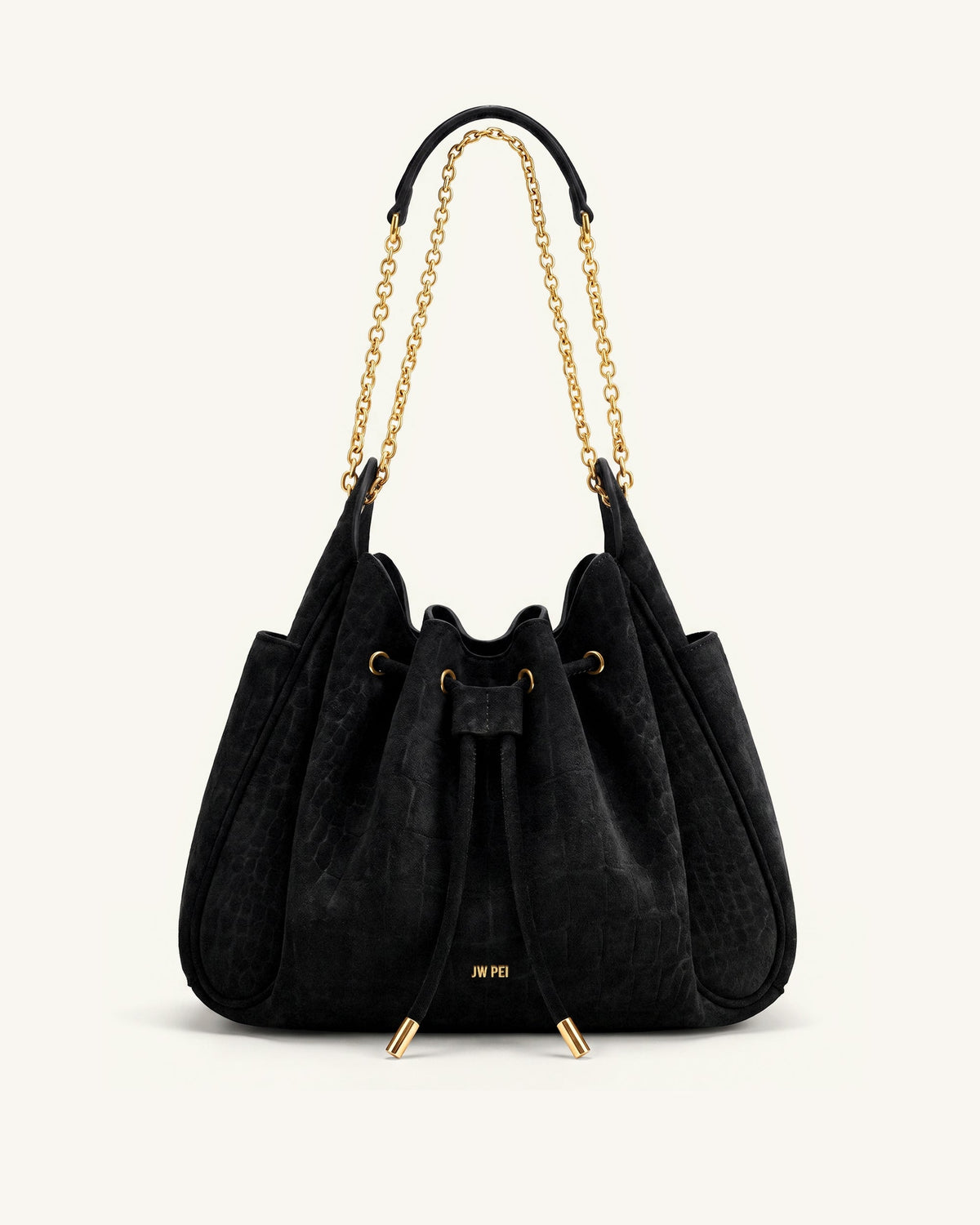 Rowan Faux Suede Drawstring Chain Bucket Bag - Cool Black Croc | JW PEI