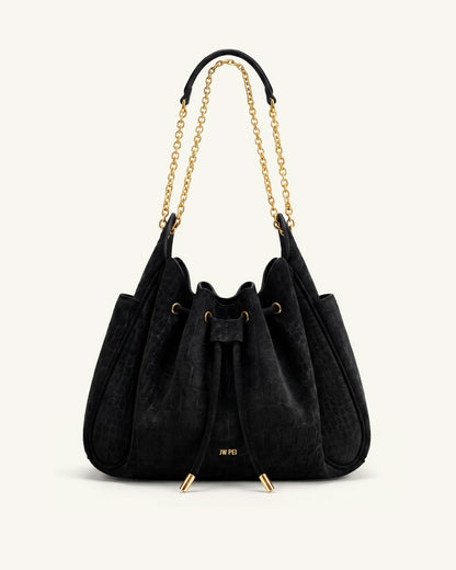 Rowan Faux Suede Drawstring Chain Bucket Bag - Cool Black Croc | JW PEI