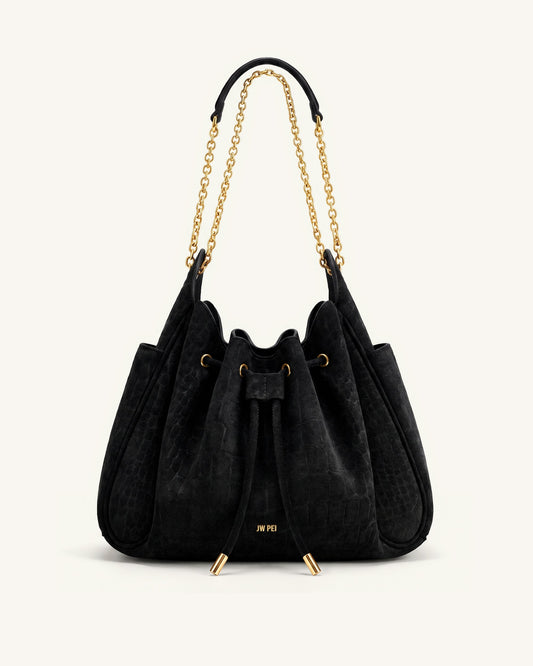 Rowan Faux Suede Drawstring Chain Bucket Bag - Cool Black Croc | JW PEI