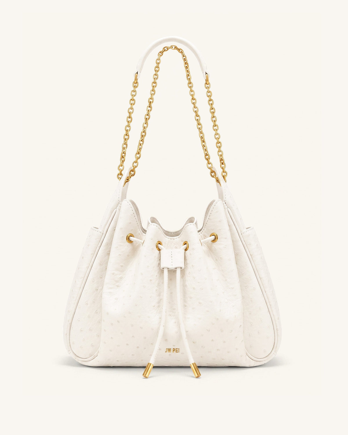 Rowan Faux Ostrich Grain Ruched Drawstring Chain Bucket Bag - Cream Wh | JW PEI