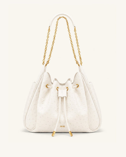 Rowan Faux Ostrich Grain Ruched Drawstring Chain Bucket Bag - Cream Wh | JW PEI