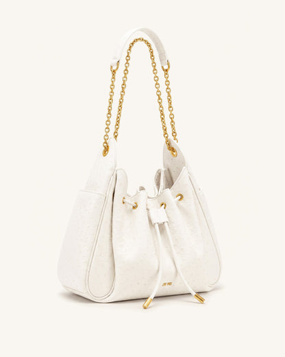 Rowan Faux Ostrich Grain Ruched Drawstring Chain Bucket Bag - Cream Wh | JW PEI