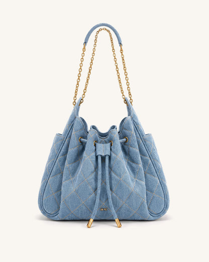 Rowan Ruched Quilting Drawstring Chain Bucket Bag - Blue Denim | JW PEI