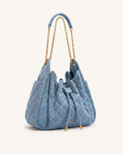 Rowan Ruched Quilting Drawstring Chain Bucket Bag - Blue Denim | JW PEI