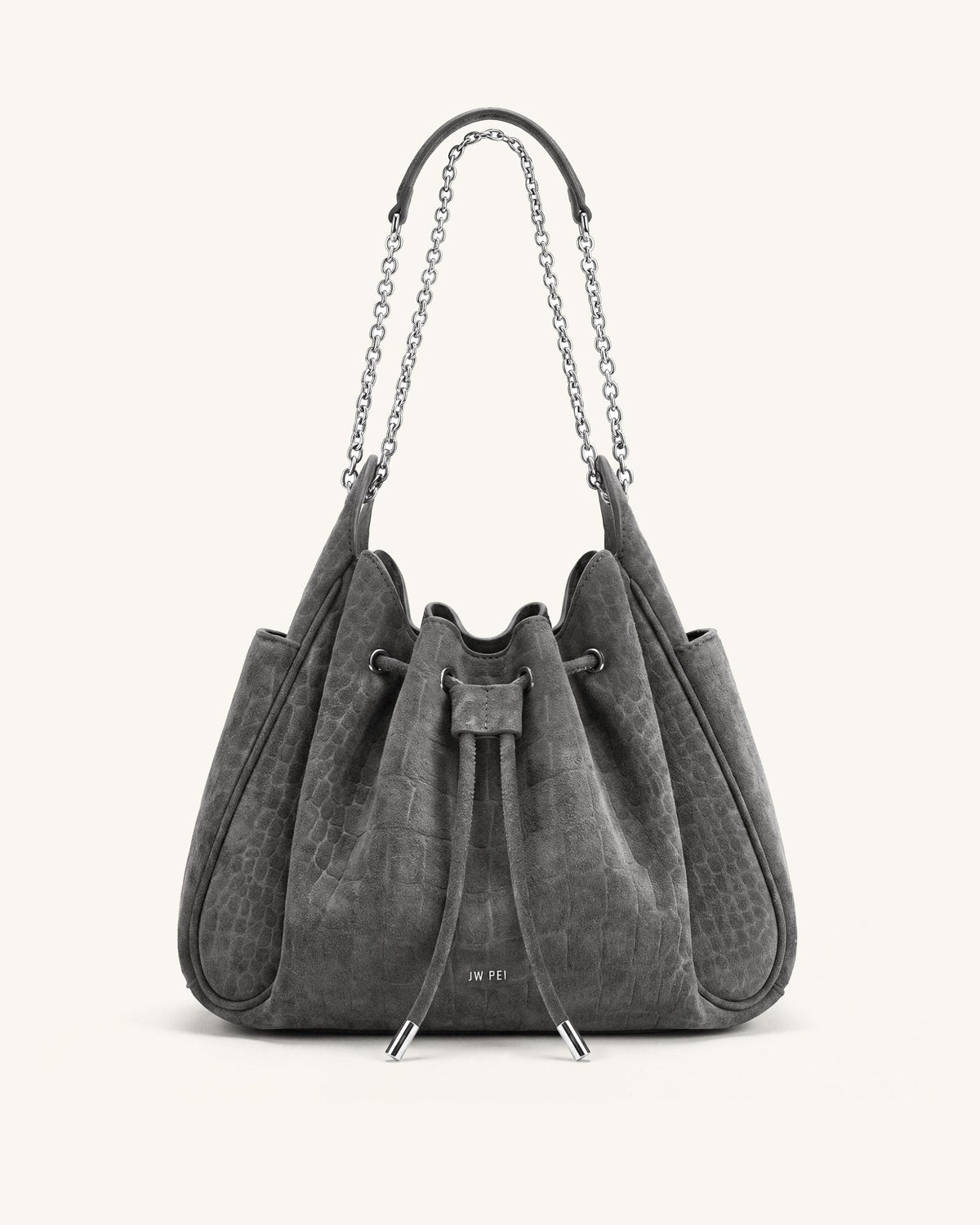 Rowan Faux Suede Drawstring Chain Bucket Bag - Smog Gray Croc | JW PEI