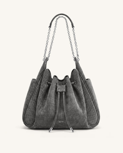 Rowan Faux Suede Drawstring Chain Bucket Bag - Smog Gray Croc | JW PEI