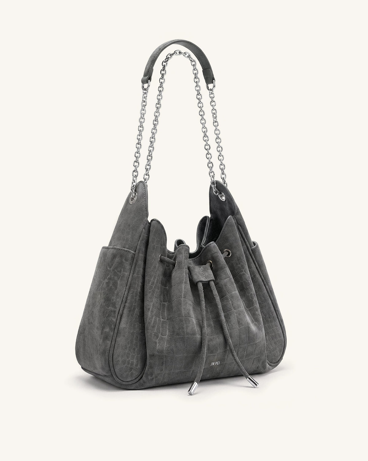 Rowan Faux Suede Drawstring Chain Bucket Bag - Smog Gray Croc | JW PEI