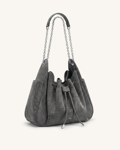 Rowan Faux Suede Drawstring Chain Bucket Bag - Smog Gray Croc | JW PEI