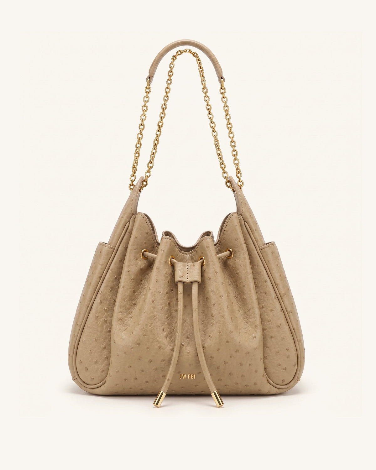 Rowan Faux Ostrich Grain Ruched Drawstring Chain Bucket Bag - Oak Brow | JW PEI