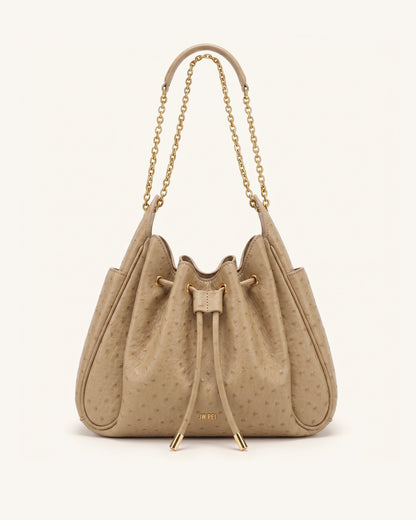 Rowan Faux Ostrich Grain Ruched Drawstring Chain Bucket Bag - Oak Brow | JW PEI
