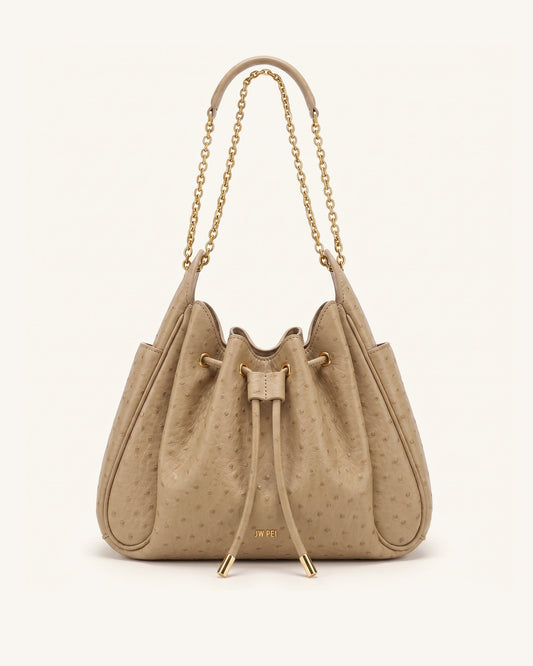 Rowan Faux Ostrich Grain Ruched Drawstring Chain Bucket Bag - Oak Brow | JW PEI