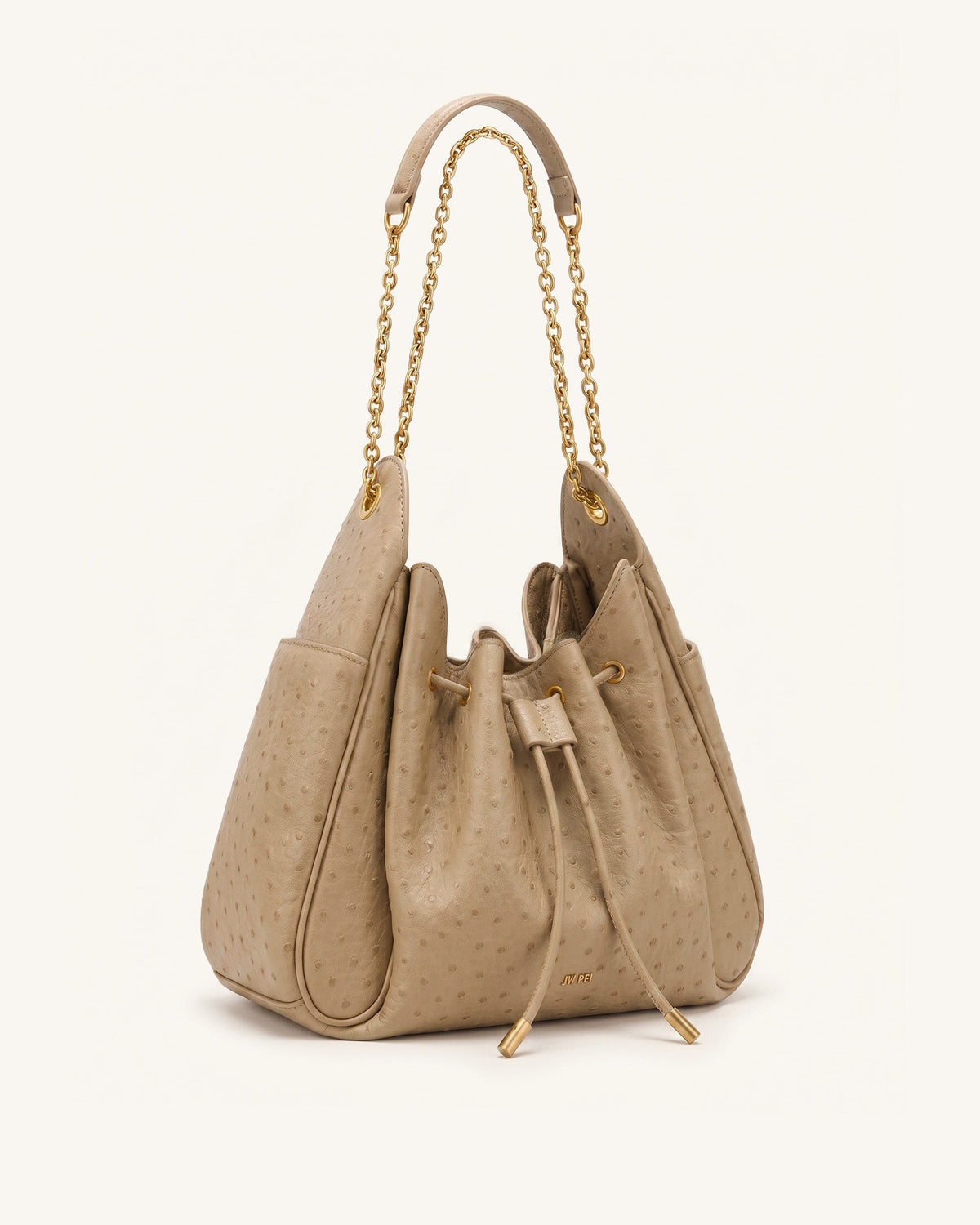 Rowan Faux Ostrich Grain Ruched Drawstring Chain Bucket Bag - Oak Brow | JW PEI