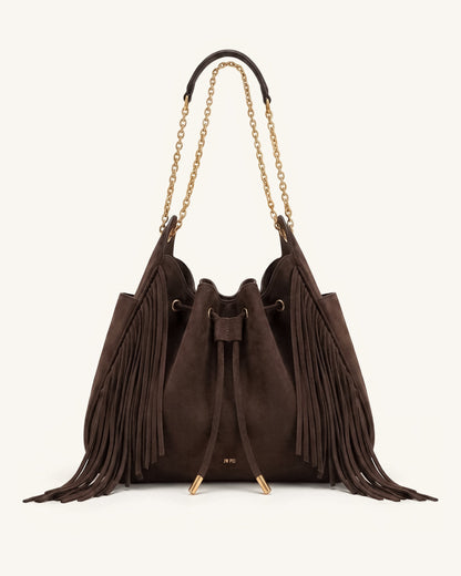 Rowan Faux Suede Tassel Ruched Drawstring Chain Bucket Bag - Amber Bro | JW PEI
