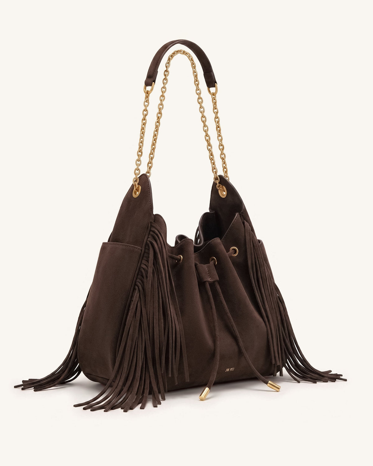 Rowan Faux Suede Tassel Ruched Drawstring Chain Bucket Bag - Amber Bro | JW PEI