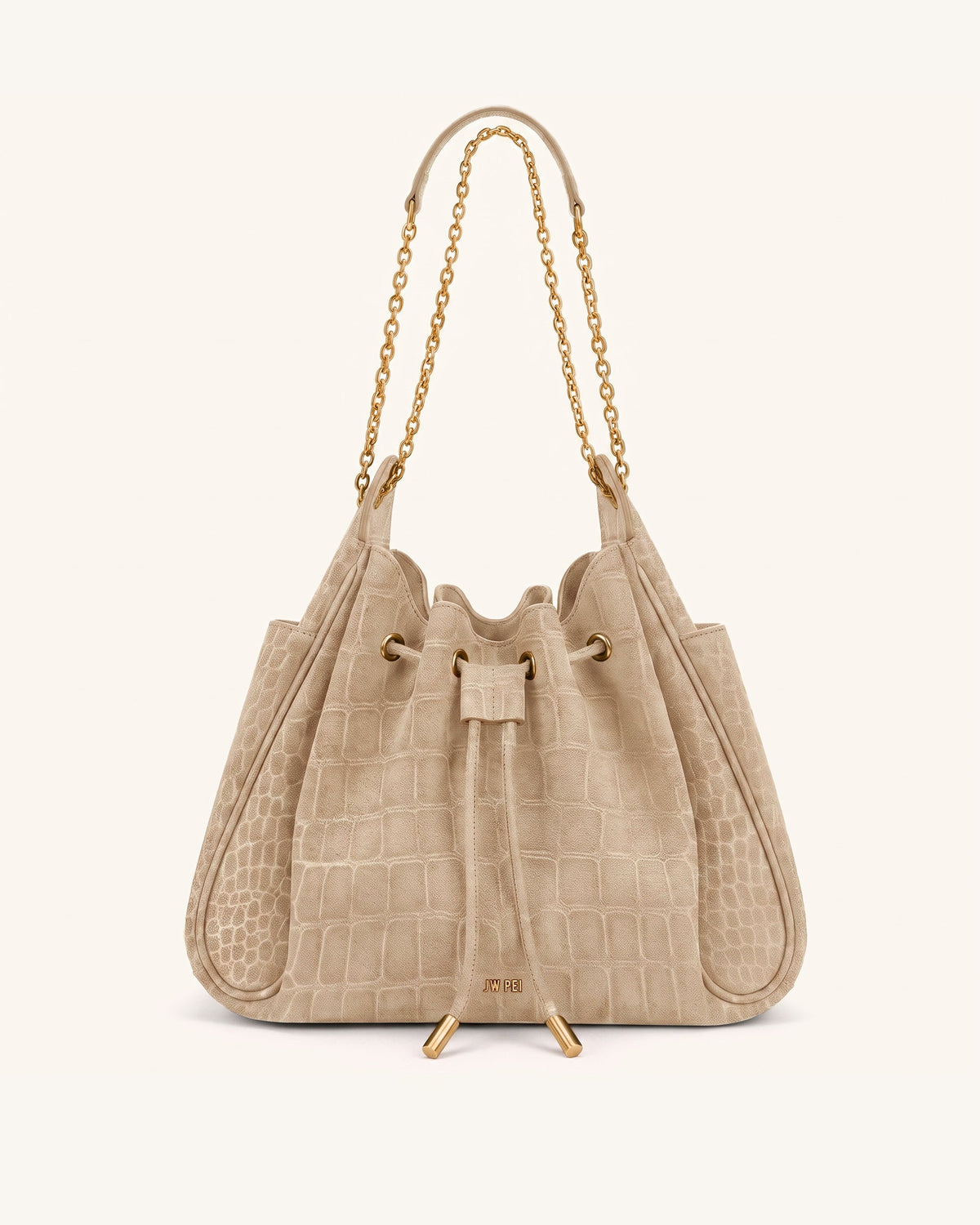 Rowan Faux Suede Drawstring Chain Bucket Bag - Camel Croc | JW PEI