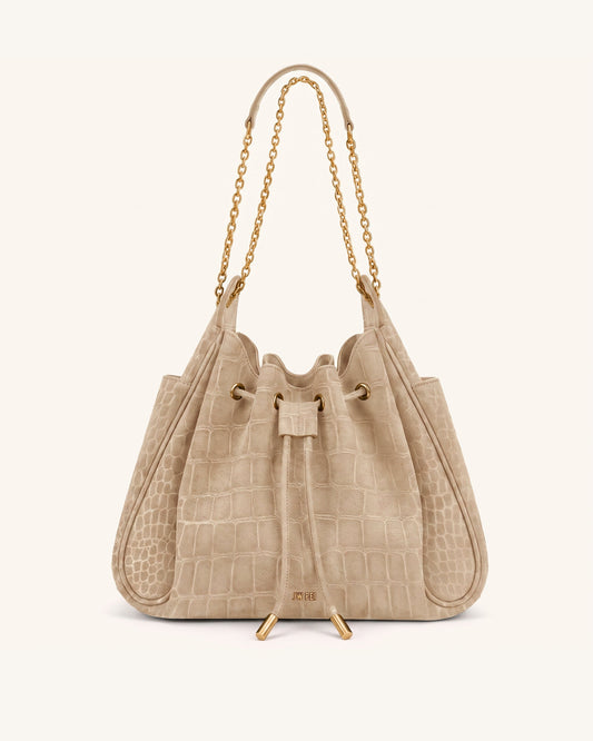 Rowan Faux Suede Drawstring Chain Bucket Bag - Camel Croc | JW PEI