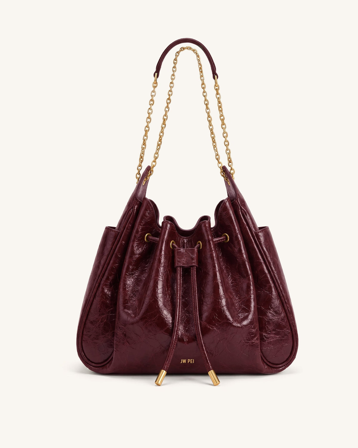 Rowan Ruched Drawstring Chain Bucket Bag - Vermilion Red | JW PEI