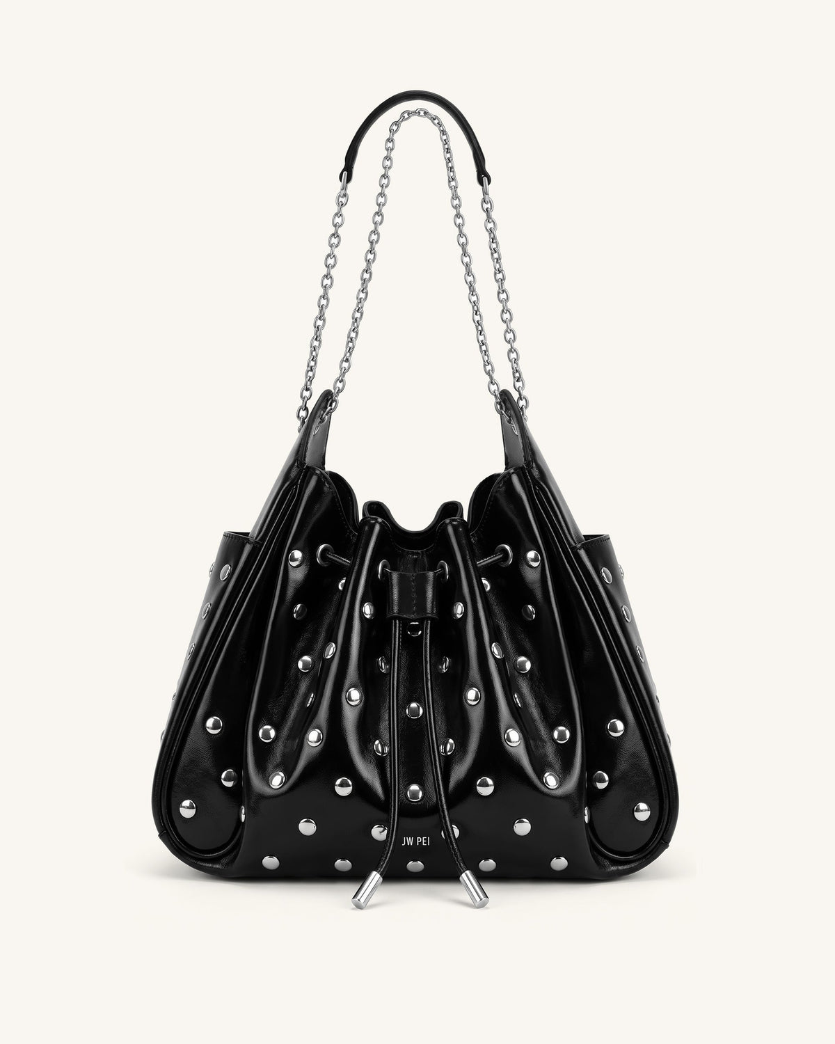 Rowan Studded Ruched Drawstring Chain Bucket Bag - Shiny Black | JW PEI