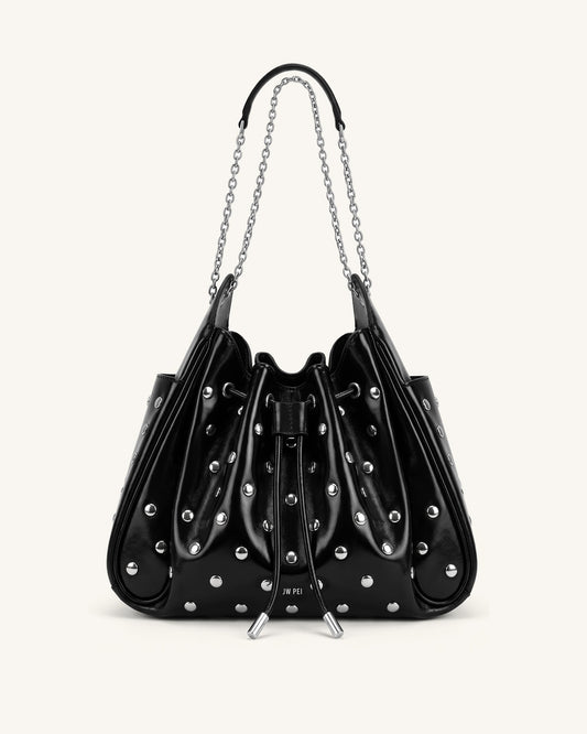 Rowan Studded Ruched Drawstring Chain Bucket Bag - Shiny Black | JW PEI