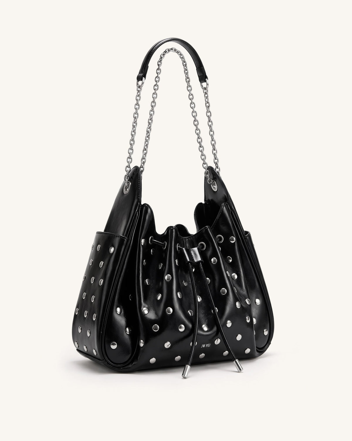 Rowan Studded Ruched Drawstring Chain Bucket Bag - Shiny Black | JW PEI