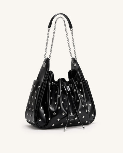 Rowan Studded Ruched Drawstring Chain Bucket Bag - Shiny Black | JW PEI