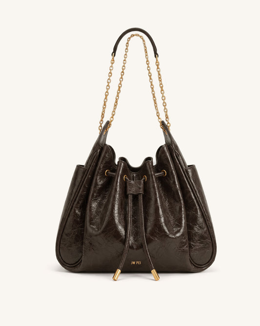 Rowan Ruched Drawstring Chain Bucket Bag - Chestnut Brown | JW PEI