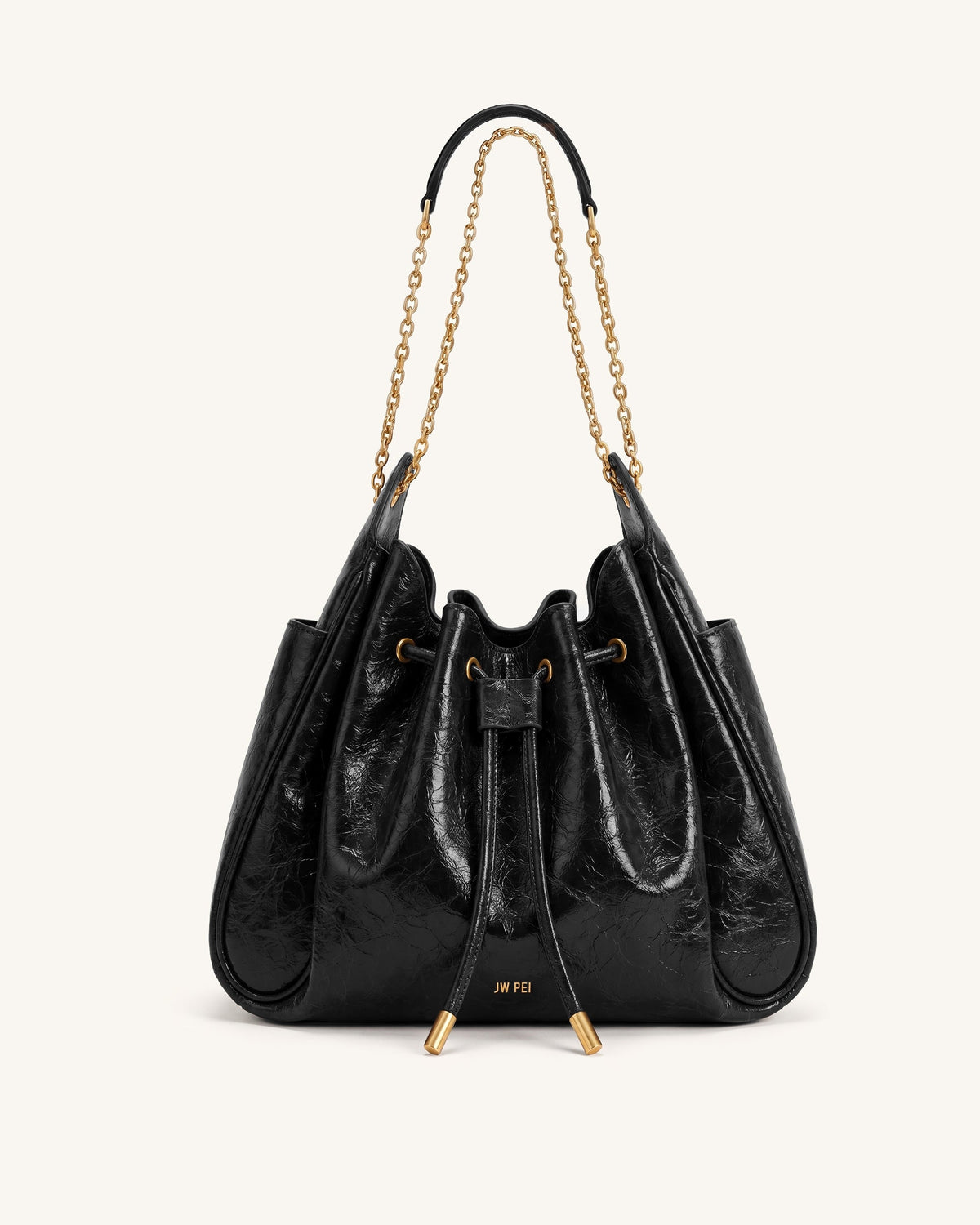 Rowan Ruched Drawstring Chain Bucket Bag - Jet Black | JW PEI
