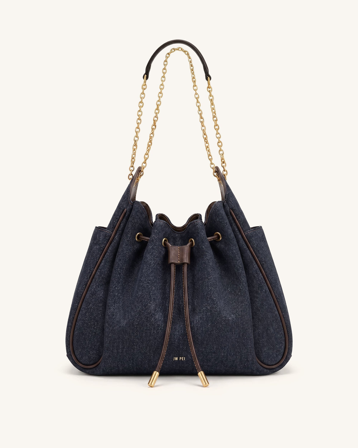 Rowan Ruched Drawstring Chain Bucket Bag - Black Blue Denim | JW PEI