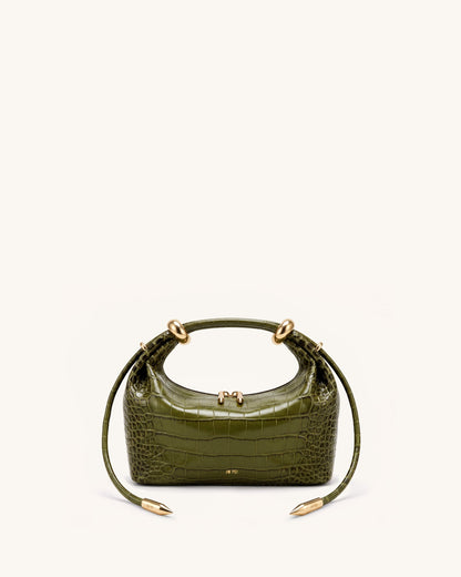 Ellie Metal Ring Embellished Top Handle Bag - Olive Green Croc | JW PEI
