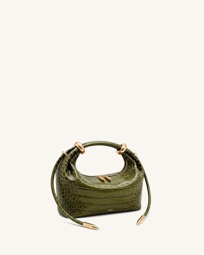 Ellie Metal Ring Embellished Top Handle Bag - Olive Green Croc | JW PEI
