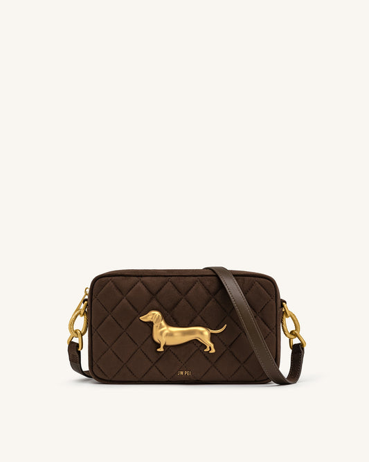 Riley Faux Suede Dachshund Quilted Shoulder Bag - Dark Brown | JW PEI