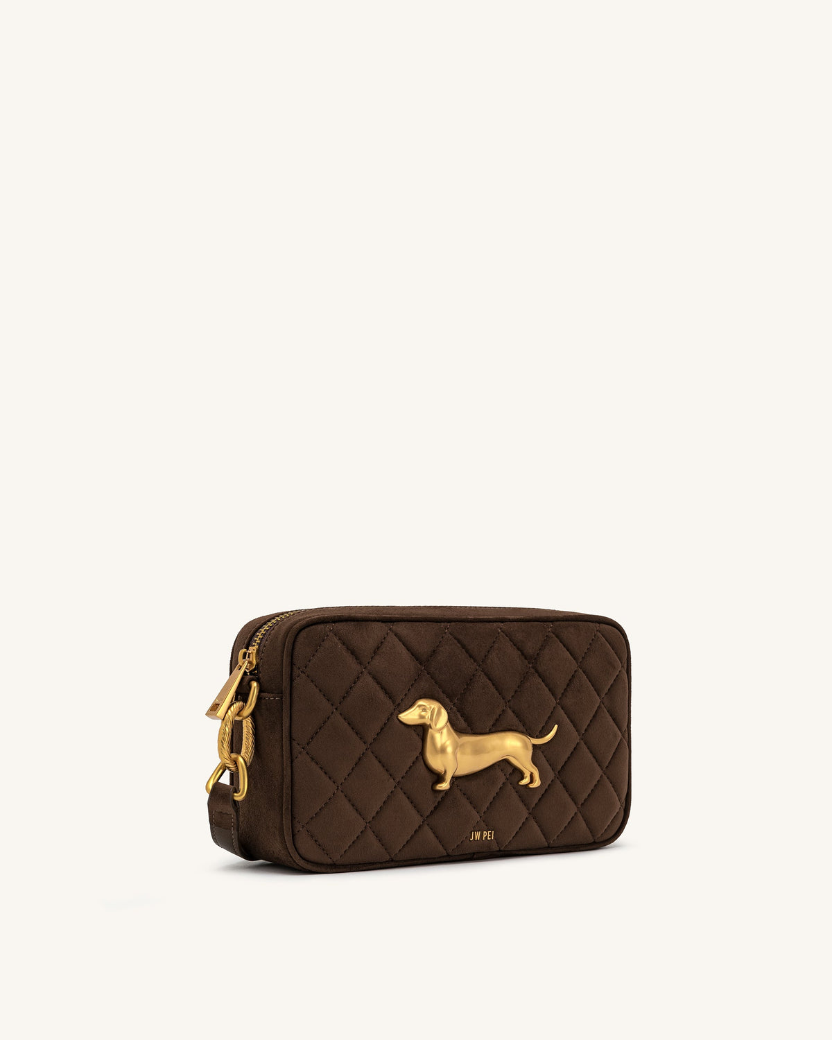 Riley Faux Suede Dachshund Quilted Shoulder Bag - Dark Brown | JW PEI