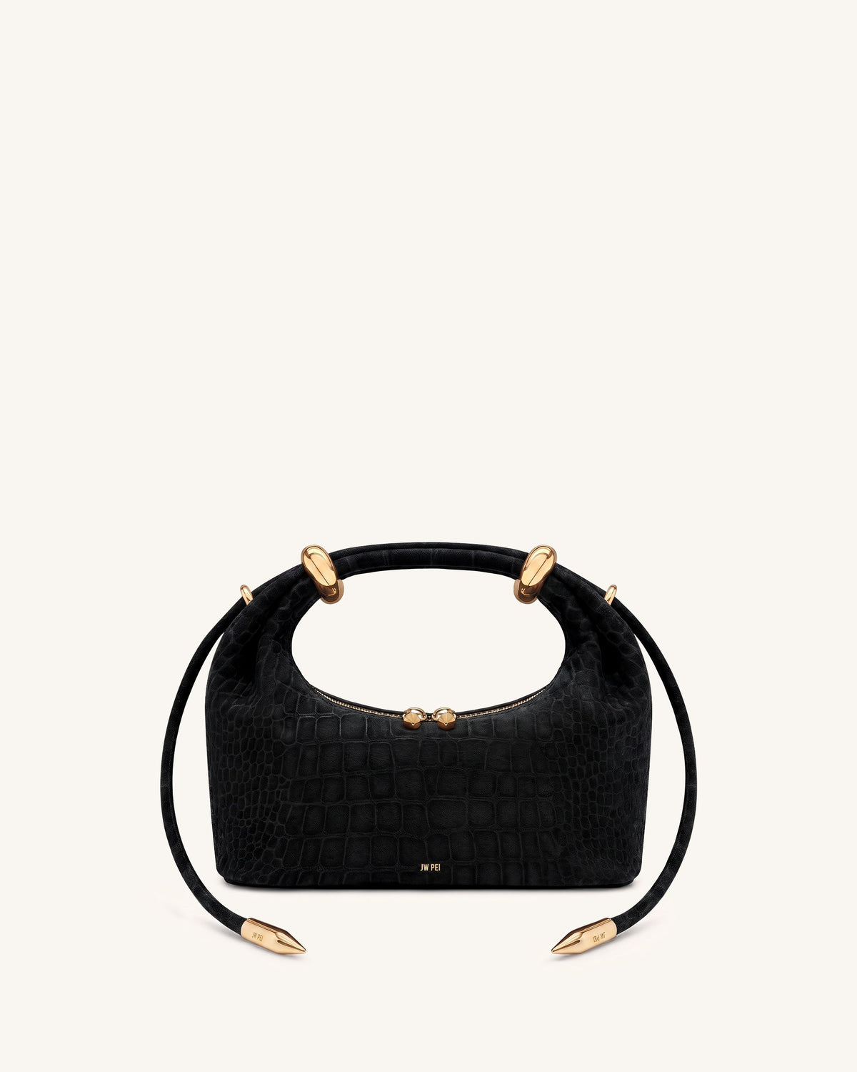 Ellie Faux Suede Metal Ring Embellished Top Handle Bag - Black Croc | JW PEI