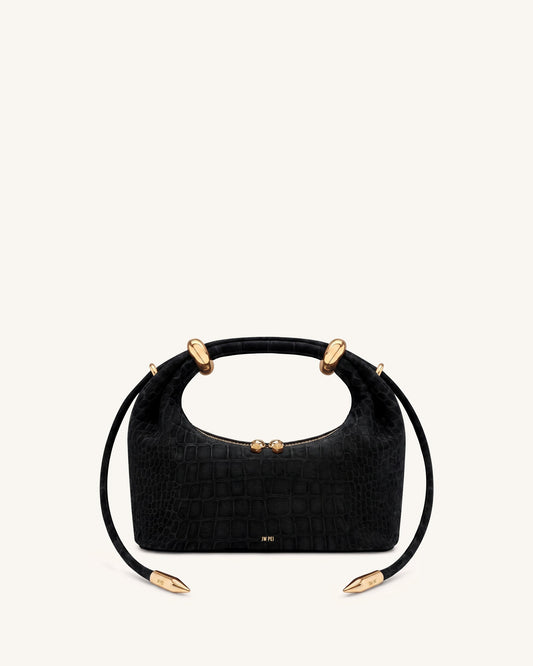 Ellie Faux Suede Metal Ring Embellished Top Handle Bag - Black Croc | JW PEI