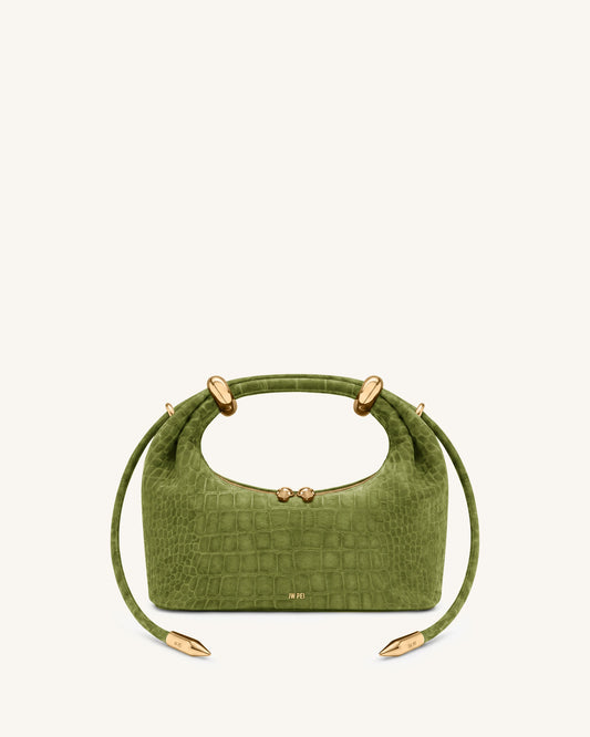 Ellie Faux Suede Metal Ring Embellished Top Handle Bag - Green Croc | JW PEI
